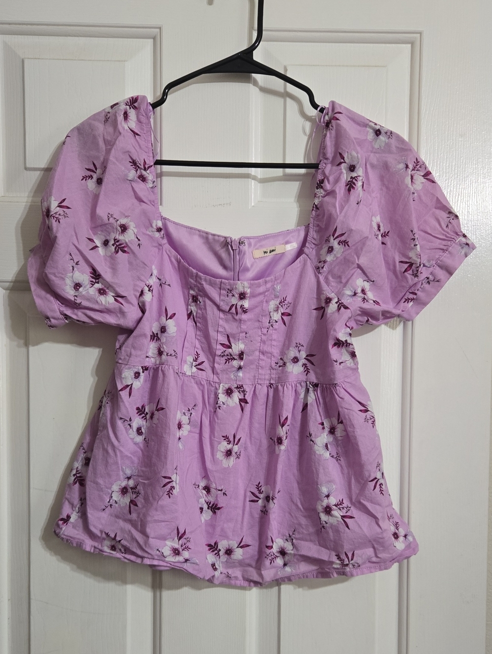 miami Lavender Floral Puff-Sleeve Peplum Blouse
